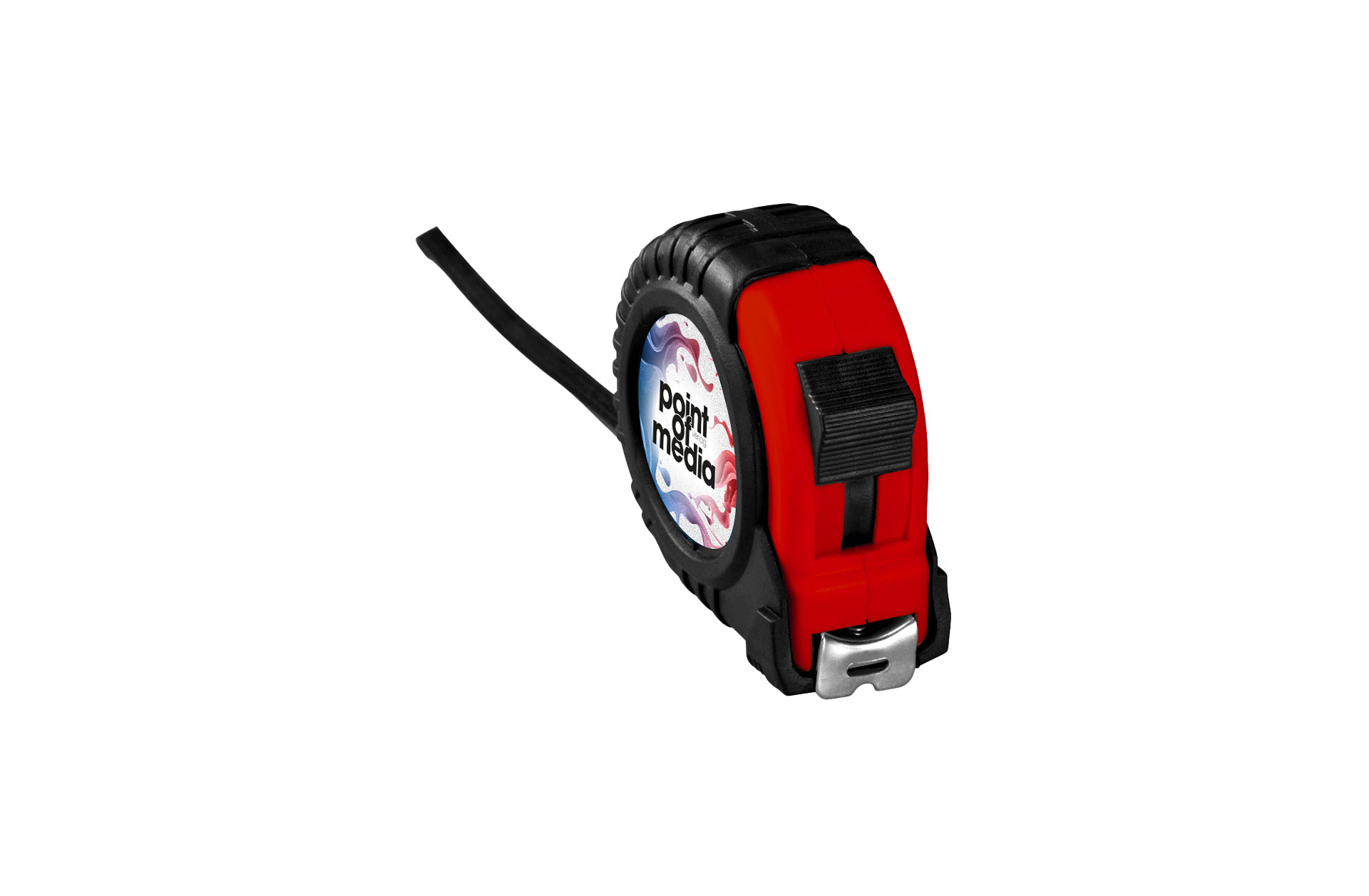 Rollbandmaß rot schräg von vorne mit Logo