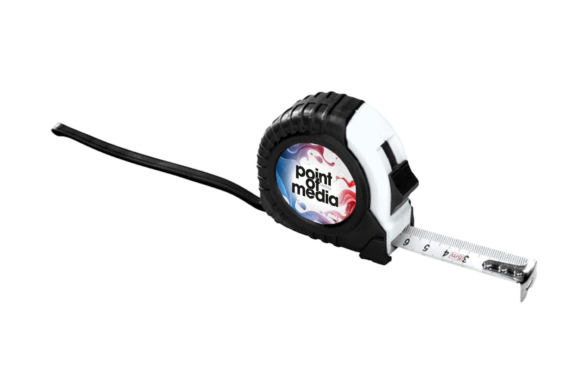 Rollbandmaß weiß vorderseite mit Logo Rollbandmaß weiß vorderseite mit Logo