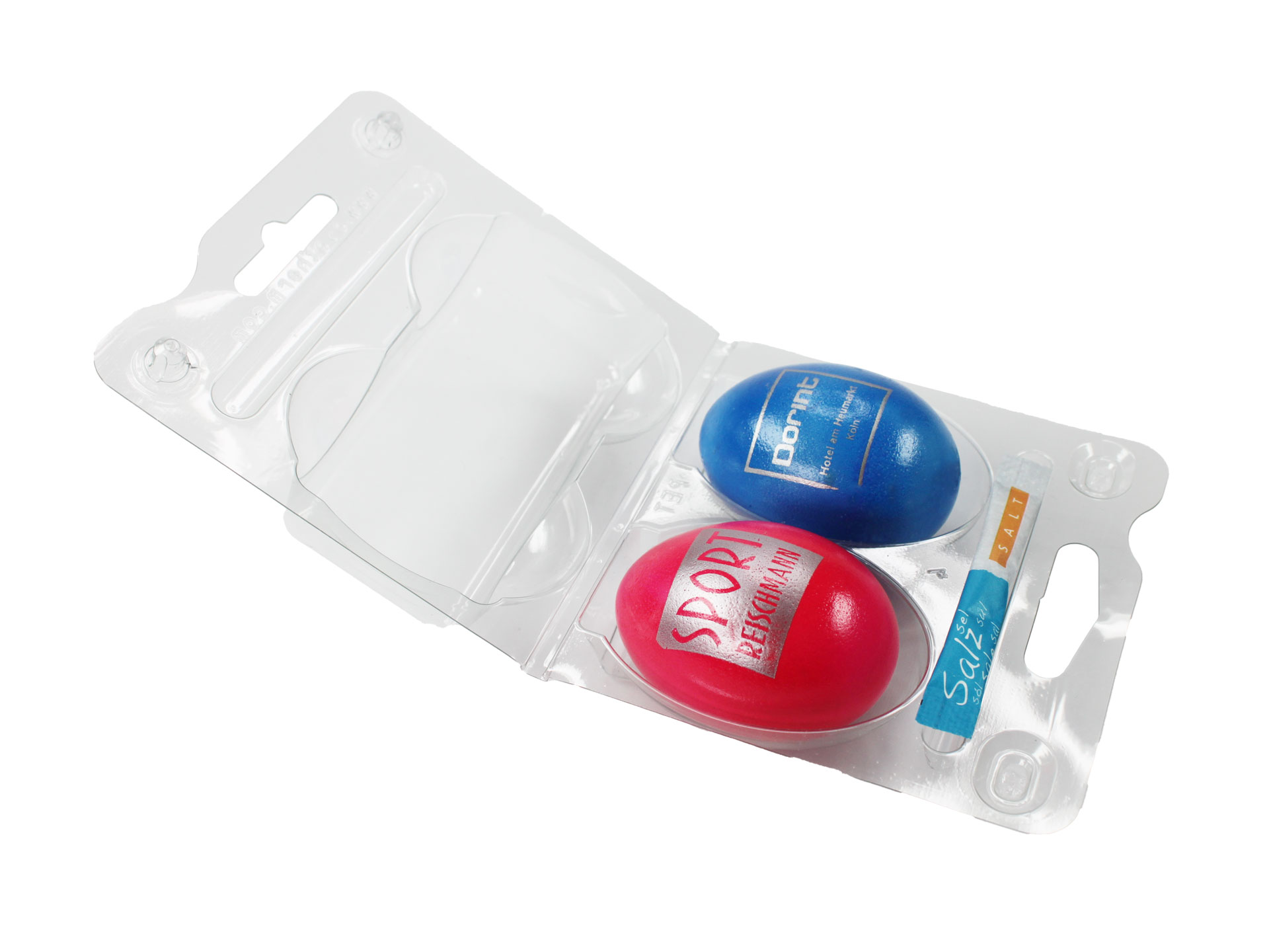Bedruckte Ostereier mit Logo 2er Box mit Salzstick