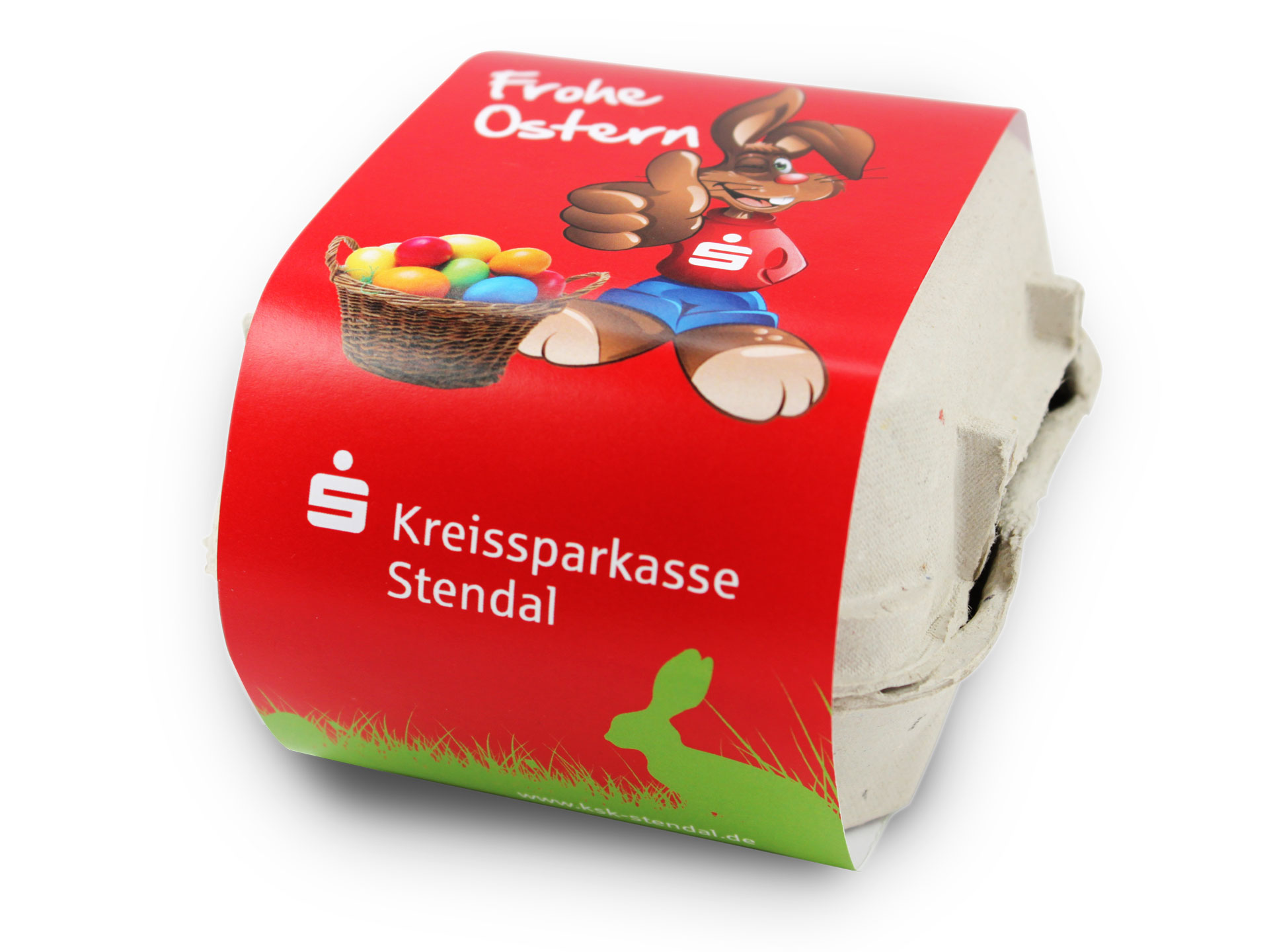 Bedruckte Ostereier mit Logo Banderole Kreissparkasse Stendal