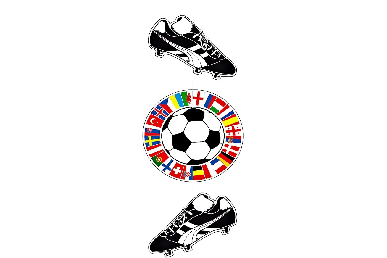 Deckenhänger Schuh mit Ball: 85 cm langes 3-teiliges Set mit 2 Fußballschuhen und 1 Ball aus Karton