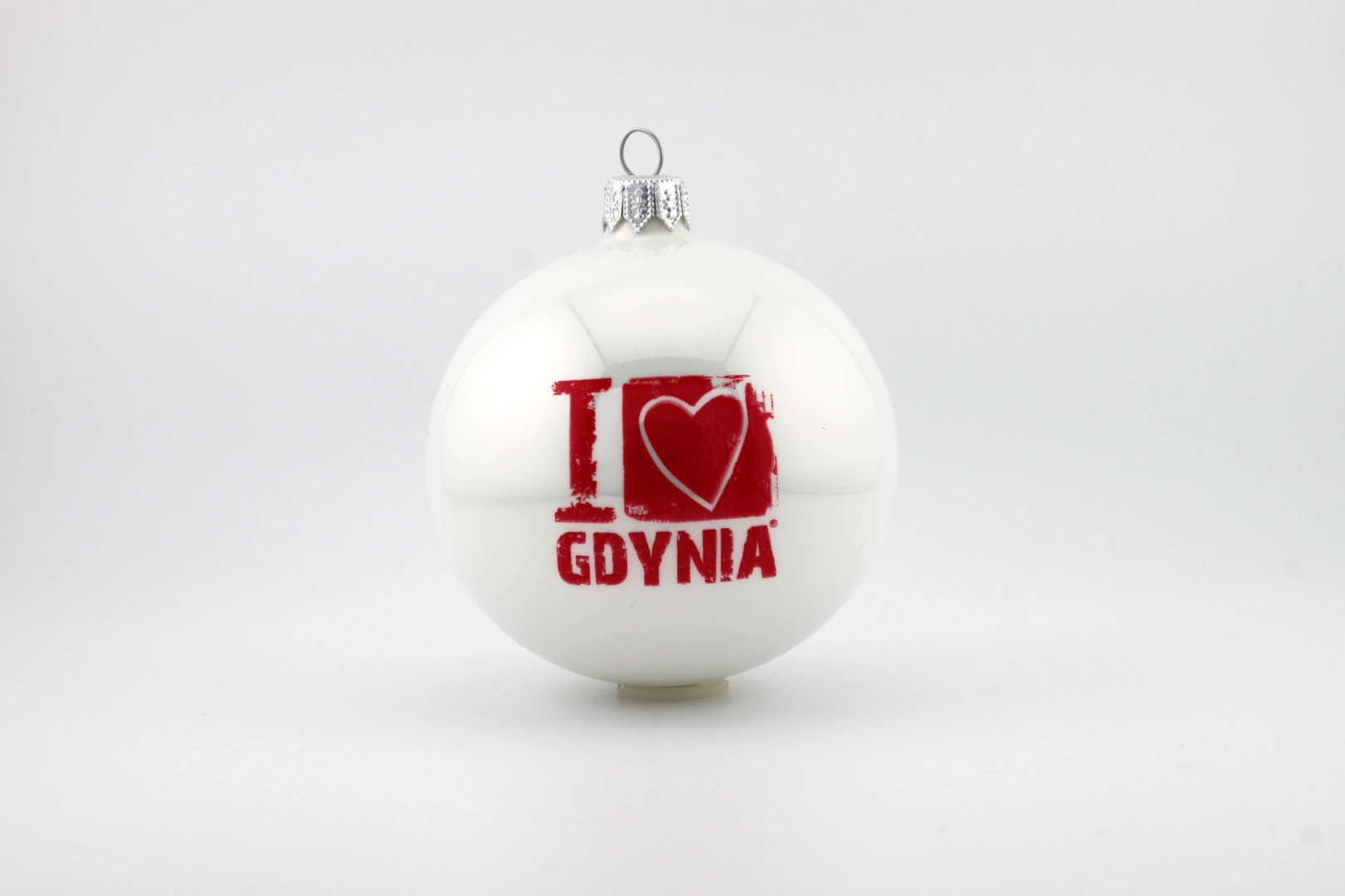 Weihnachtskugeln bedrucken “ weiße Kugel mit 'I love Gdynia'-Druck