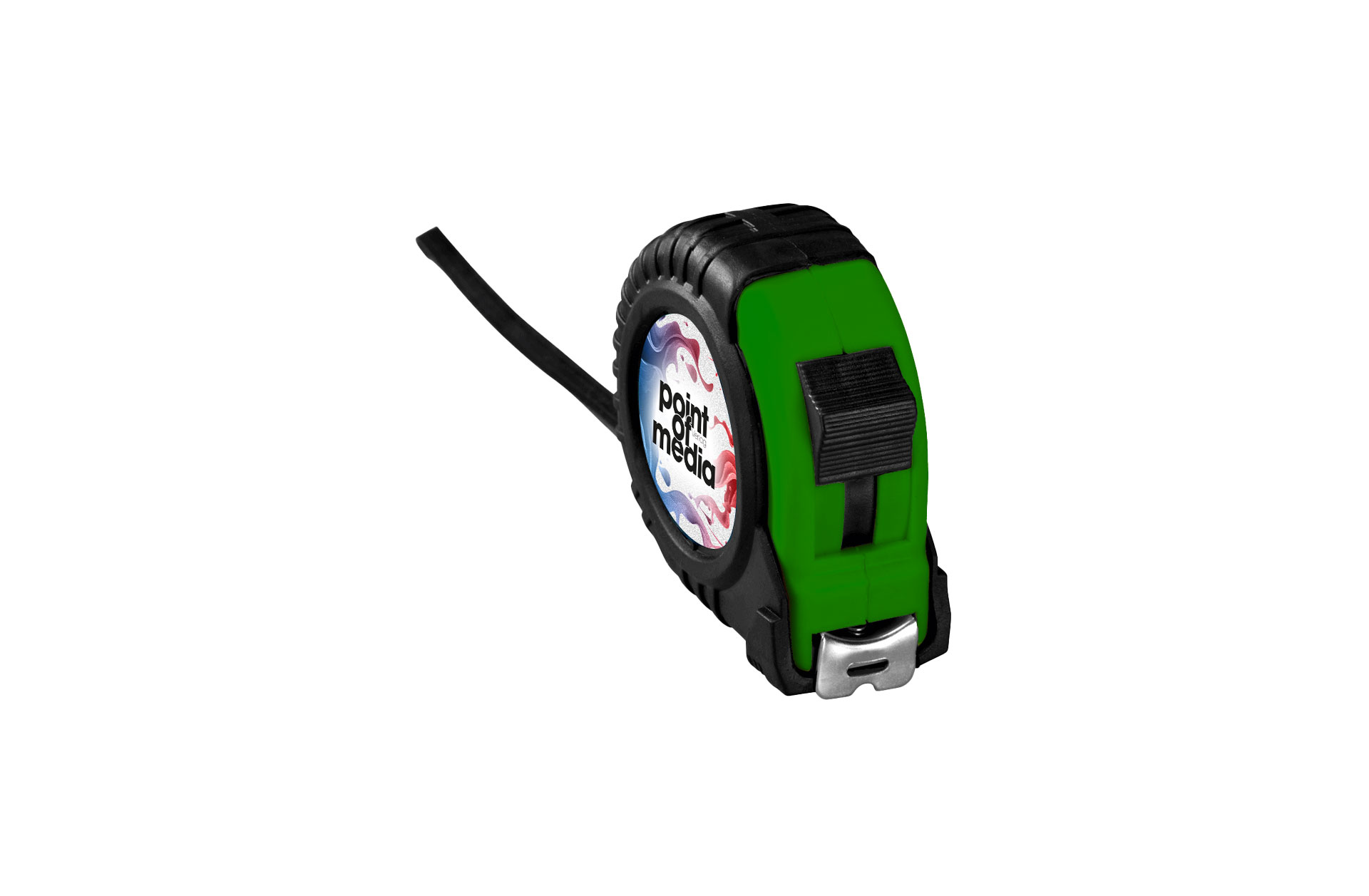 Rollbandmaß farngrün schräg von vorne mit Logo