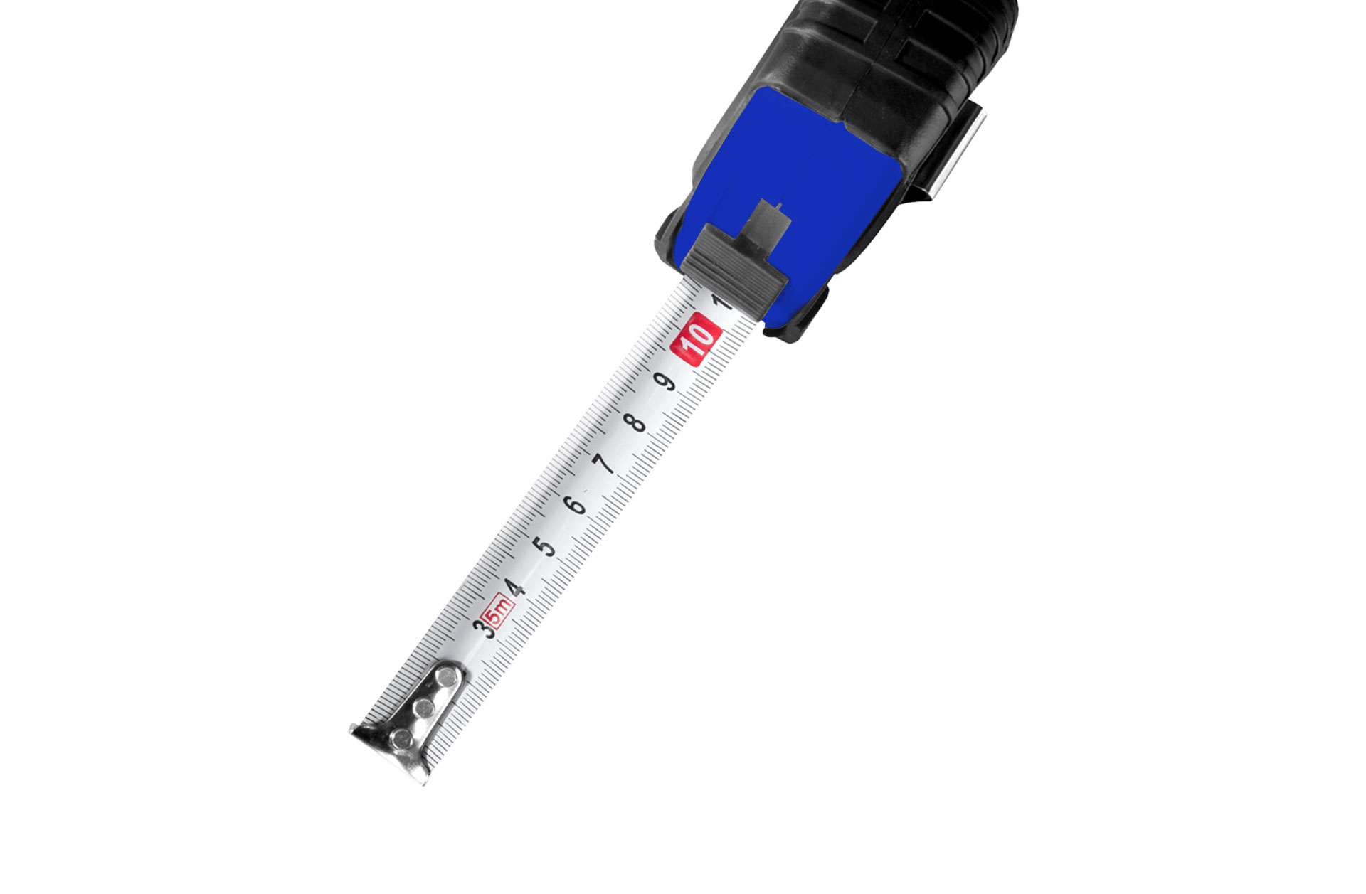 Rollbandmaß royalblau von oben mit Logo