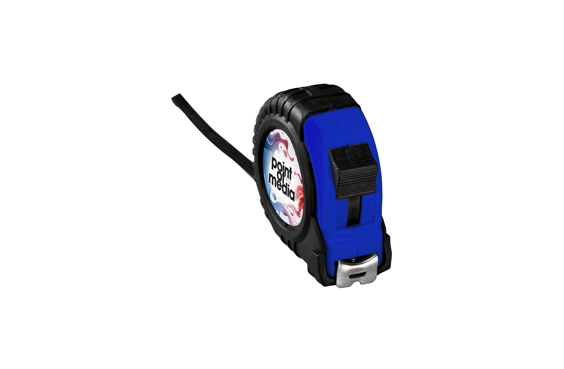 Rollbandmaß royalblau schräg von vorne mit Logo Rollbandmaß royalblau schräg von vorne mit Logo