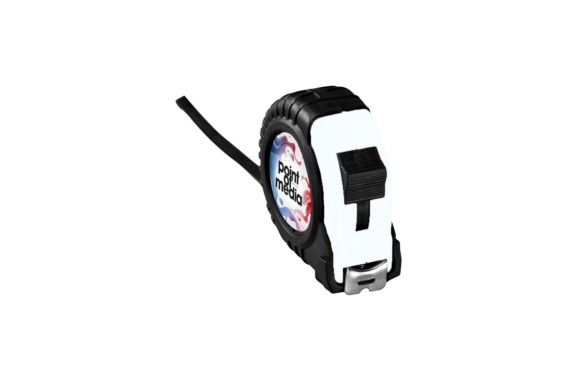 Rollbandmaß weiß schräg von vorne mit Logo Rollbandmaß weiß schräg von vorne mit Logo