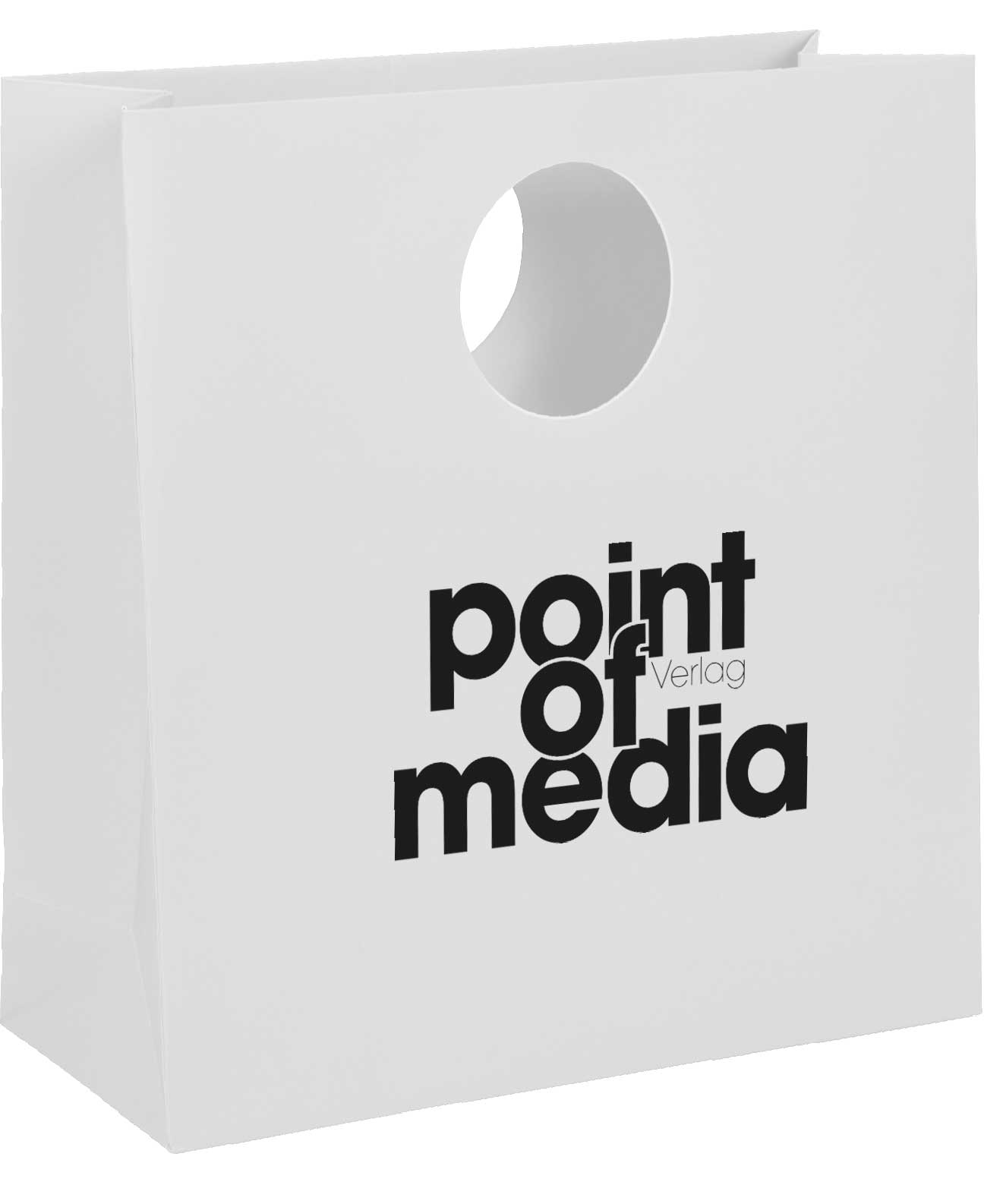 Papier-Tragetasche Avantgarde weiß rund mit Logo Papier-Tragetasche Avantgarde weiß rund mit Logo